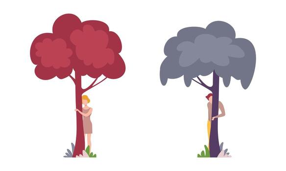 hombre y mujer personaje en pie detrás árbol maletero echar un vistazo y mirando conjunto vector