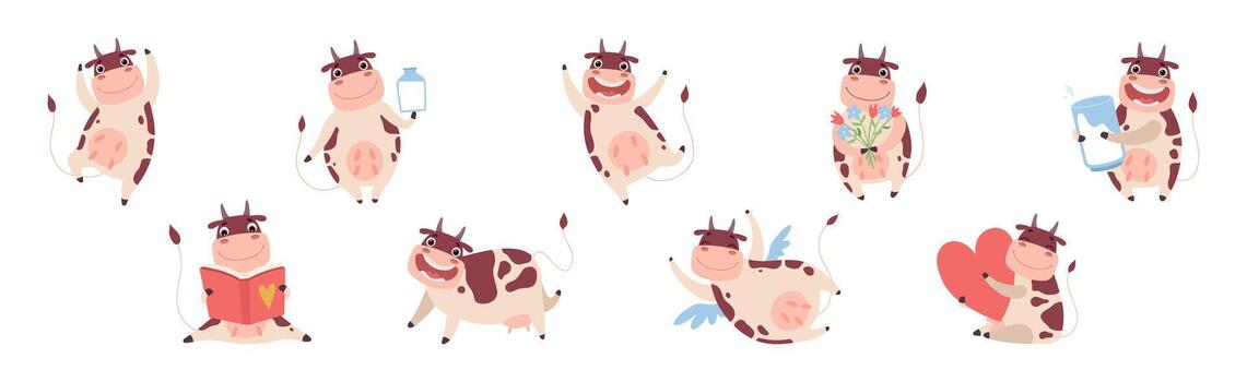 Funny Cow Character with Horn and Udder Enjoy Different Activity Set vector