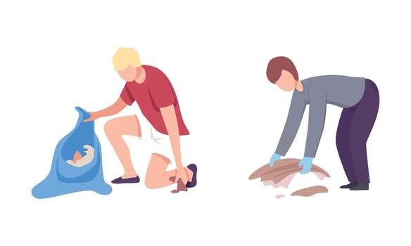 Man Volunteer Gathering Garbage in Bag for Recycle Set vector