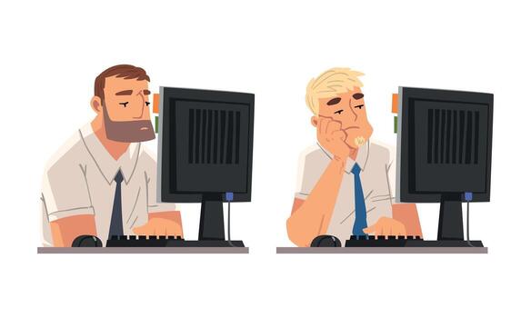 Tired Man in Front of Computer Screen Doing Work Routine in the Office Set vector
