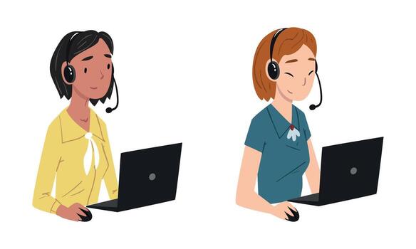 Operator of Call Center Office Sitting in Front of Laptop Working in Headphones Set vector