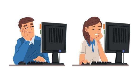 cansado hombre y mujer en frente de computadora pantalla haciendo trabajo rutina en el oficina conjunto vector