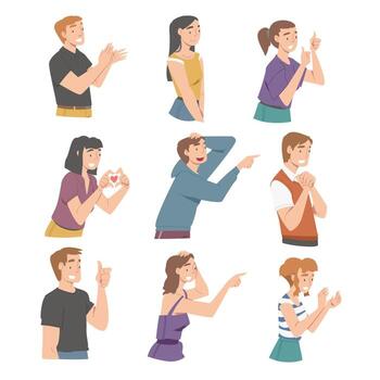 Excited People Character Looking at Someone Clapping Hands and Showing Thumb Up Set vector