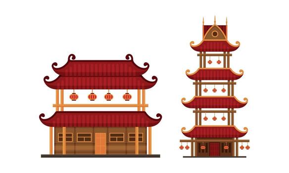 Pagoda as Tiered Tower with Multiple Eaves as Asian Architecture Set vector