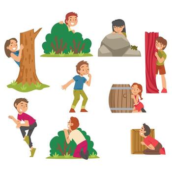 Kids Playing Hide and Seek Concealing Behind Tree and Bush Set vector