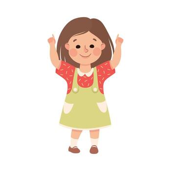 Funny Girl in Pinafore Skirt Pointing at Something with Extending Hand and Index Finger Illustration vector