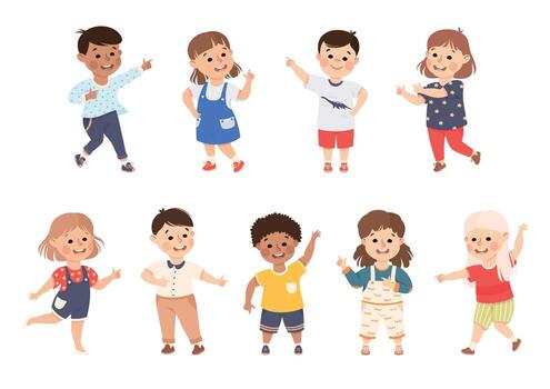 Funny Kids Pointing at Something with Extending Hand and Index Finger Set vector