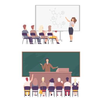 Man and Woman University Professor Standing in Front of Chalkboard Explaining Lesson and Student Sitting on Chair Set vector