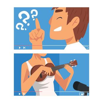 Man and Woman Vlogger Streaming in the Internet Making Vlog Set vector