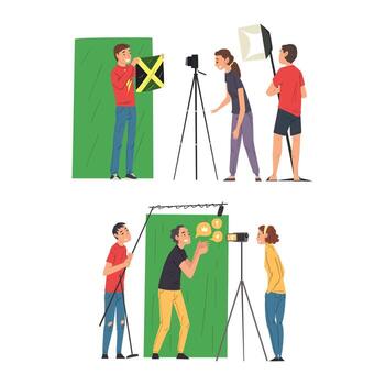 Cameraman Shooting with Camera on Tripod Set vector