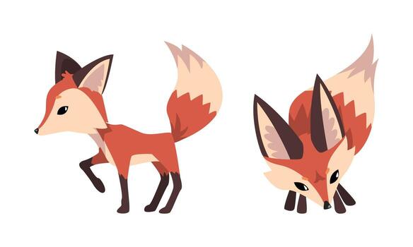 Cute Fox Character with Bushy Brush Tail and Triangular Ears Set vector