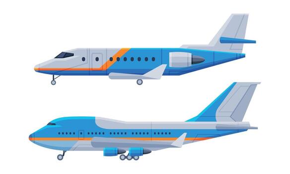 Flying Airliner or Airplane for Transporting Passengers Side View Set vector