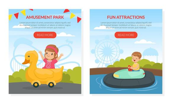 Cute Little Kid Riding Carousel in Amusement Park Web Page Template vector