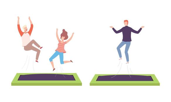 Cheerful People Character Jumping and Bouncing on Trampoline Having Fun Set vector