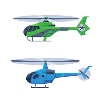 Helicopter as Rotorcraft with Horizontally-spinning Rotor Hovering in the Sky Set vector