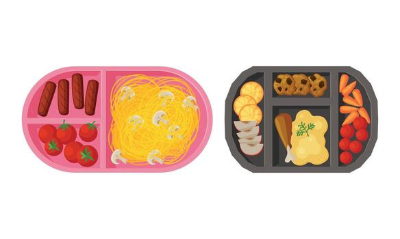 Meal Tray with Fresh Appetizing Food Rested in Different Section Above View Set vector