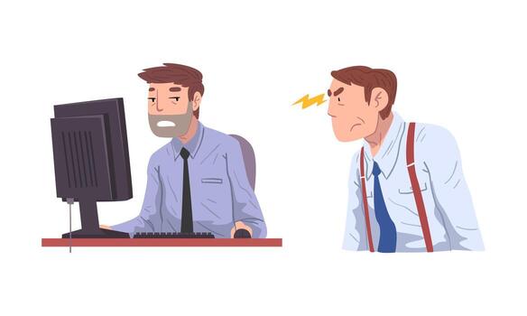 Man Office Worker Failed with Deadline Staying Late at Workplace and Angry Chief Set vector