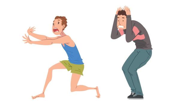 Panicked Man Afraid of Something Shouting with Fear and Escaping Feeling Scared and Terrified Set vector