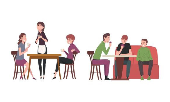 People Character Sitting at Cafe Table with Waitress Serving Them Set vector