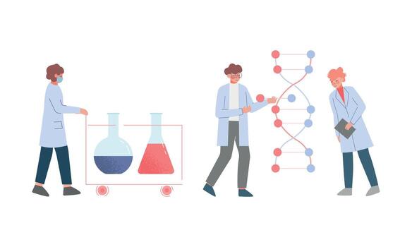 Scientist in Lab with Tiny People Character in White Coat Doing Chemical Research with Huge Laboratory Equipment Set vector