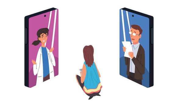 teléfono inteligente pantalla con personas personaje comunicado con cada otro en línea vía Internet conjunto vector