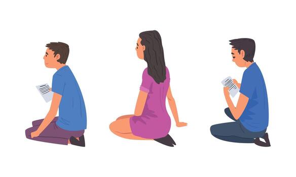 Man and Woman with Sheet of Paper Sitting on the Floor Chatting Online via the Internet or Talking Face to Face Set vector