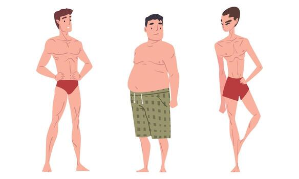 Man Character in Trunks Standing and Sunbathing at Sun Set vector