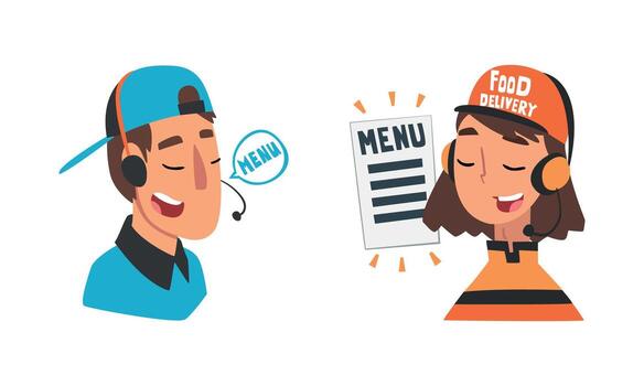 Food Express Delivery Service with Man and Woman Operator in Headset Taking Online Order Set vector