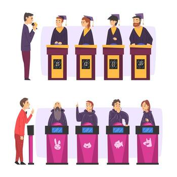 Quiz Show Host and Player Character Standing Ready to Press Button Set vector