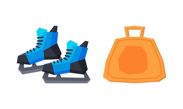 Ice Skates and Snow Saucer for Downhill Sliding and Surface Gliding Set vector
