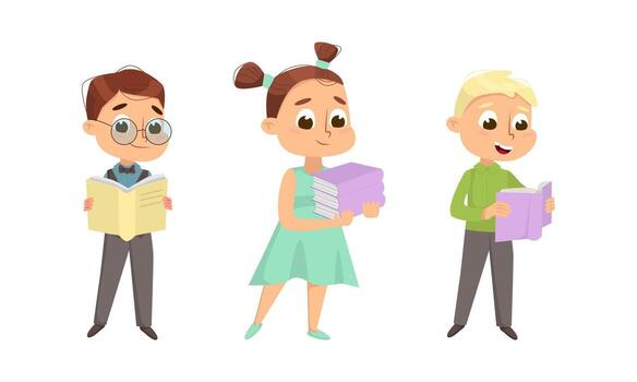 Cute Boy and Girl Nerd in Glasses Reading and Studying Book Set vector