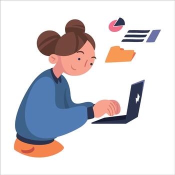 Woman Character with Laptop Working with Information Analyzing Data and Browsing Internet Illustration vector