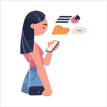 Woman Character with Smartphone Working with Information Analyzing Data and Browsing Internet Illustration vector