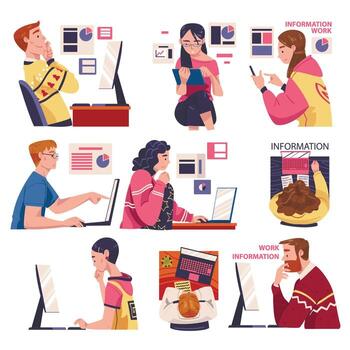 People Character Working with Information Sitting at Laptop Analyzing Data Illustration Set vector