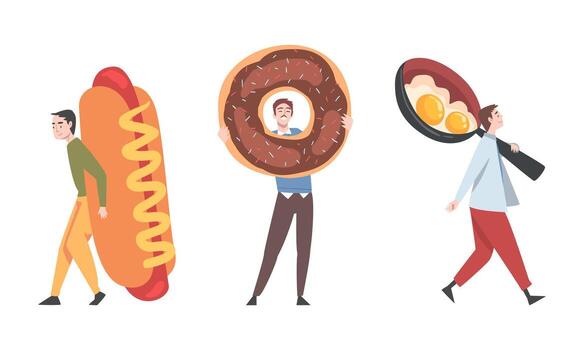 Man Carrying Huge Donut and Drying Pan with Scrambled Eggs Set vector