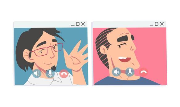 Conference Screen with Man Calling Friend and Communicating Via Internet App Set vector