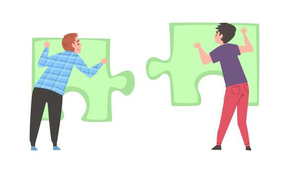 espalda ver de joven hombre resolviendo rompecabezas rompecabezas conjunto vector