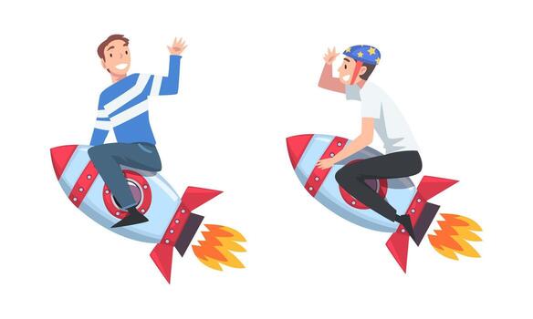 Man Flying on Space Rocket Moving Upward Set vector