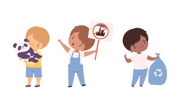 pequeño chico tomando cuidado de planeta y naturaleza ahorro animal y clasificación basura para reciclar ilustración conjunto vector