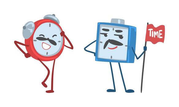 Red and Blue Alarm Clock Character Standing with Flag on Pole and Running Illustration Set vector