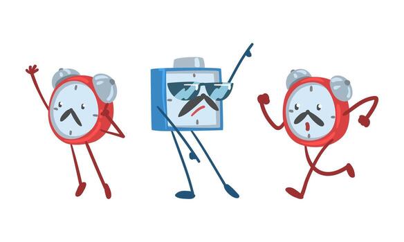 Red and Blue Alarm Clock Character Standing with Raised Hand and Running Illustration Set vector