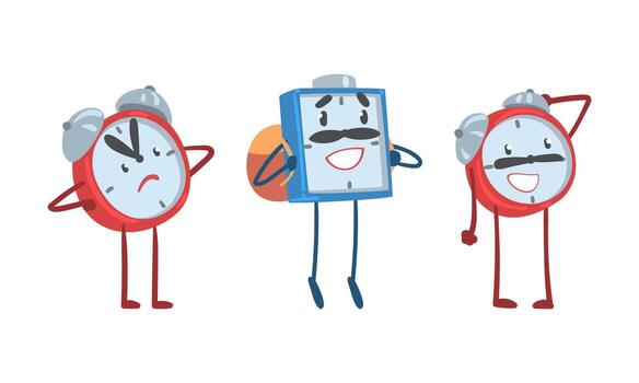 Red and Blue Alarm Clock Character Frowning and Standing with Backpack Illustration Set vector