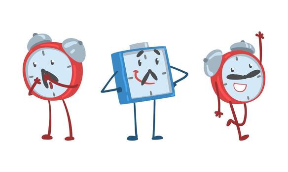 Red and Blue Alarm Clock Character Smiling and Running Illustration Set vector