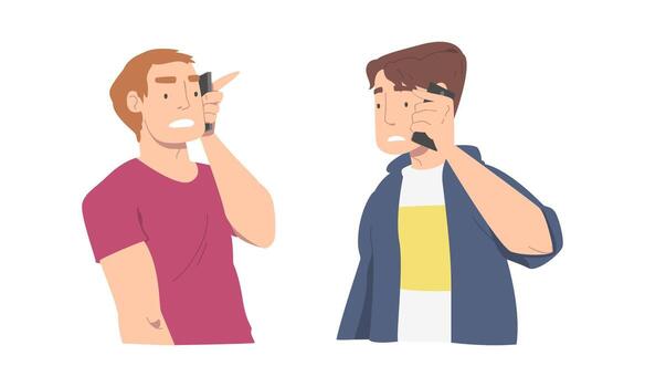 decepcionado con malo Noticias hombre personaje Hablando por teléfono ilustración conjunto vector