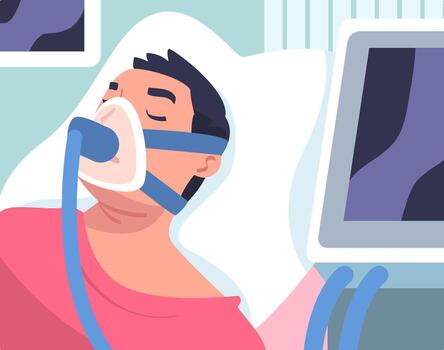 Man Patient in Hospital Having Artificial Lung Ventilation Being in Critical Condition Lying on Bed with Mask Illustration vector