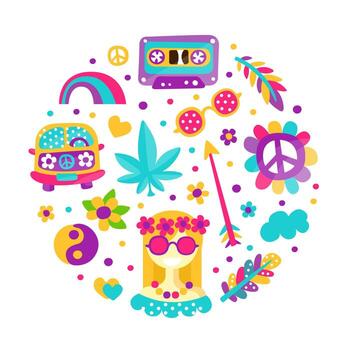 Hippie Bohemian Sticker Element Arranged in Circle Template vector