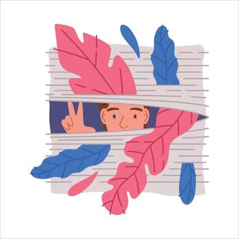 Man Peeking Out of Window Curtain with Colorful Foliage Illustration vector