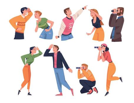 People Character Looking at Something Interesting Smiling and Pointing Finger Set vector