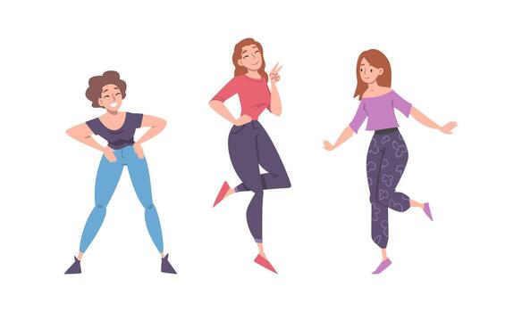 Positive Woman Character Standing with Smiling Face Feeling Euphoric and in High Spirits Set vector