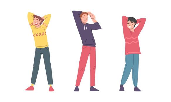 Positive Man Character Standing with Smiling Face Feeling Euphoric and in High Spirits Set vector